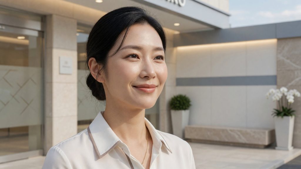 ผู้หญิงมั่นใจยิ้มกลางแสงธรรมชาติ ใบหน้าดูเด็กลงหลังลดโหนกแก้ม
